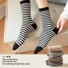 5/10/20 Pairs Mid-Calf Socks, Striped Mid-Calf Socks For All Seasons, Cute & Simple Mid-Calf Socks With Sweet College Style, Versatile - Multicolor - View 5