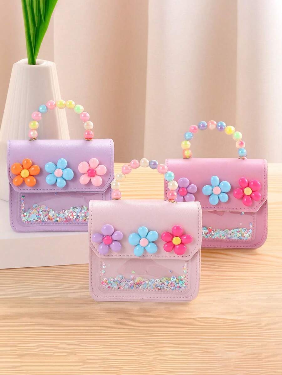 1 Stück süße, mit Blumen verzierte, leichte Handtasche für Mädchen - Rosa, Lässig, Street-Style, ungefüttert, Druckknopfverschluss, ohne Druck, einfacher Tragegriff oben, perfekt für Ausgehen, Party, Uni