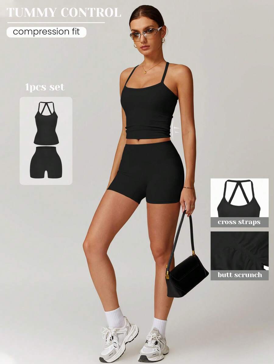 VVX Women's 2 Piece Outfits Casual Sets Ruched Camisole Tops And High Waisted Shorts/Pants Leggings Tracksuit Sets - 黑色 - 查看 1
