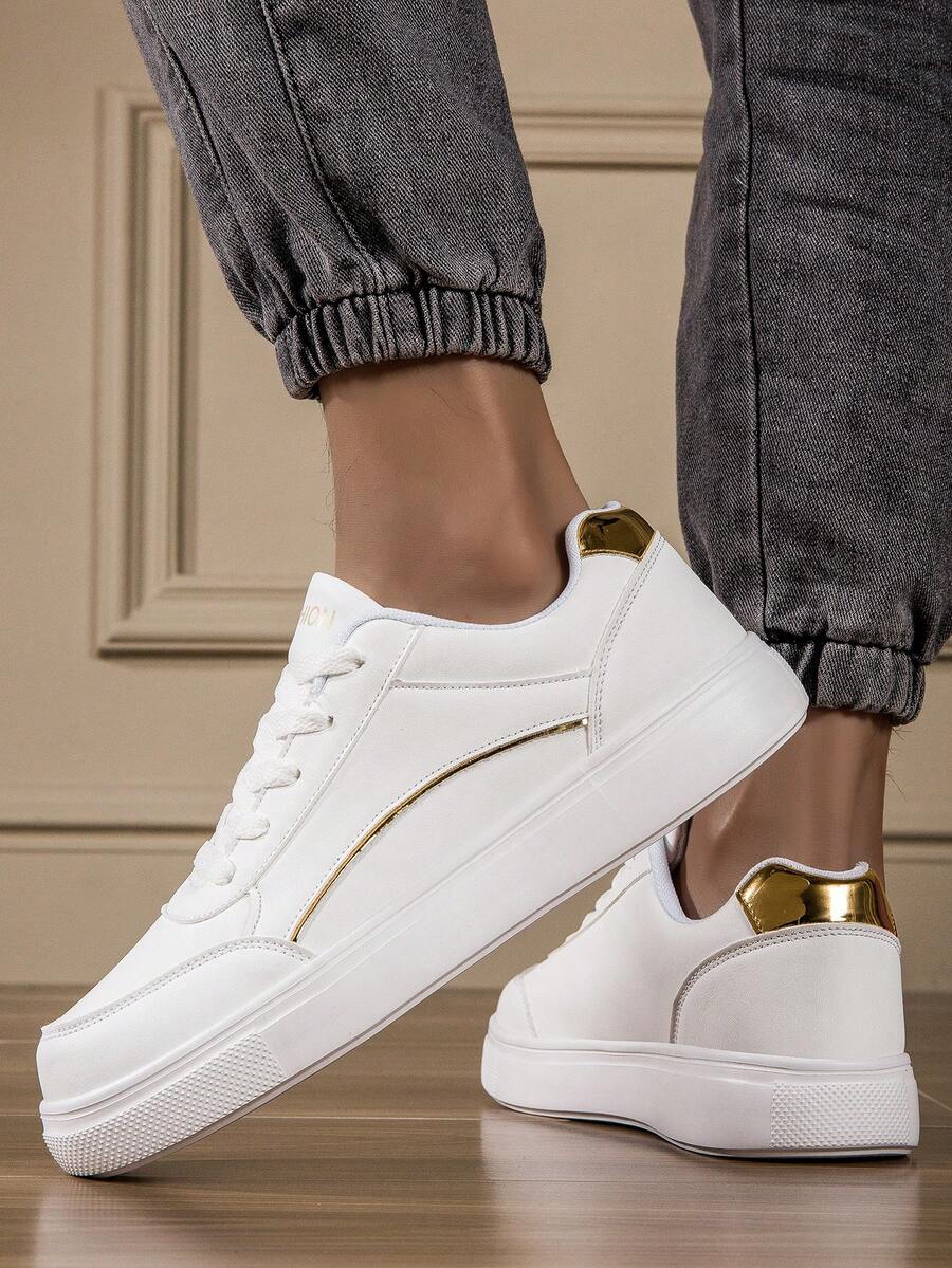 女士新款春季黑色帆布运动鞋、学生休闲鞋、轻便软底通勤平底工作鞋、时尚 - 白金 - 查看 1