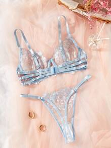 Floral Embroidery Spaghetti Strap Super Thin Women's Lingerie Set - Multicolor - View 2