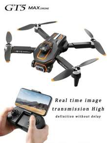Drone de control remoto GT5 de alta configuración, con evasión de obstáculos omnidireccional inteligente, despegue/aterrizaje con un solo clic, ajuste de velocidad multigear para vuelo de alta velocidad y larga duración. Es un quadricóptero con potente motor sin escobillas, transmisión de imagen en tiempo real y estabilidad de vuelo por flujo óptico. Equipado con una cámara de 90° controlada electrónicamente y una cámara inferior para fotografías de alta definición de doble ángulo