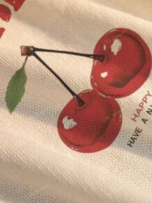 Nouveau Top pour femmes à col rond blanc avec motif imprimé de cerises pour le printemps et l'été. Simple et élégant, convient pour le travail. Top d'été pour femmes