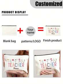 1 pièce Sac de maquillage personnalisé avec lettres d'enseignant et motif floral, sac à crayons avec nom personnalisé. Pochette de rangement de toilette de voyage. Cadeau pour enseignant