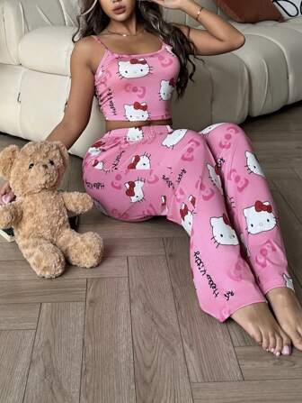 Sanrio 2pcs Hello Kitty Print Women's Camisole Crop Top + Elastic Waist Straight Pants Cute Pajama Set