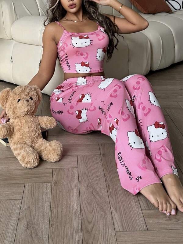 Sanrio 2pcs Hello Kitty Print Women's Camisole Crop Top + Elastic Waist Straight Pants Cute Pajama Set
