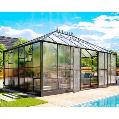 14x9.5x9 FT Polycarbonate Greenhouse- 6 FT Wall Height Outdoor Aluminum Greenhouses With 2 Ventilation And Rain Gutter, Double Doors With Hook, Walk-In Greenhouse For Backyard Garden