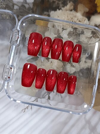 10Pcs Handmade Press On Nails Pure Red Glitter Fake Nails With Cat Eye Effect, Glossy Short Coffin False Nails For Women Girls Nail Supplies Nails