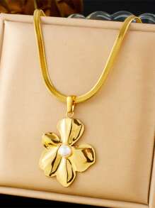 1 Set Antique Gold Plated Asymmetrical Flower Pearl Decor Stainless Steel Earrings & Necklace Jewelry Set - Flowers - View 14