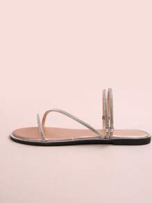Rounded Toe PU Leather Sandals With Multi-Strap Rhinestone Decoration, Women's Casual Flat Slip-On Slippers, Suitable For Home, Leisure, Daily Wear And Beach Holiday