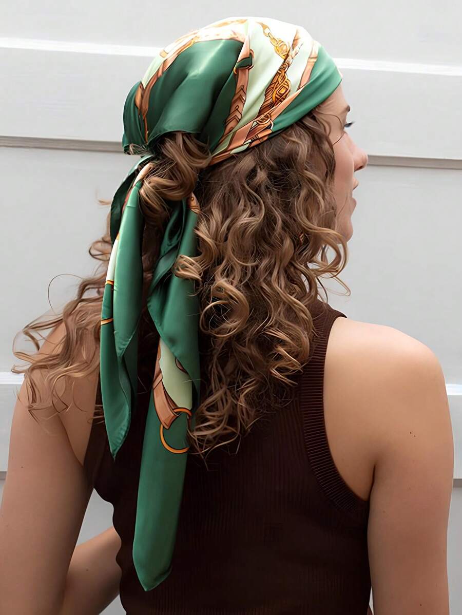 1 Khăn choàng cổ Bandana satin họa tiết dây xích phong cách Bohemian dành cho nữ, khăn trùm đầu thanh lịch và khăn choàng cho trang phục thường ngày, phụ kiện chống nắng đi biển cho trang phục - màu xanh lá - Xem 1