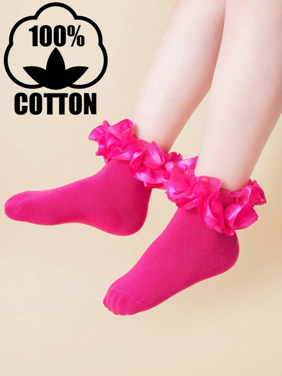 1 Pair Girls Lolita Lace Trim Socks, Romantic Princess Dance Socks, Spring/Summer - Hot Pink - View 1