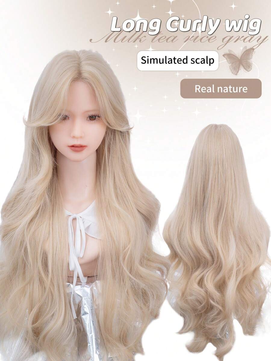 前额蕾丝 4*1，1 片合成耐热卷发中分刘海假发金色 30 英寸全编织日常自然逼真假发。