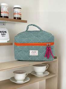 Bolsa de cosméticos de estilo clásico a cuadros, bolsa de tela con cremallera suave, diseño minimalista retro, bolsa de almacenamiento multiusos, adecuada para el hogar, viajes y uso diario, bolsa de cosméticos, útiles escolares, artículos de viaje, artículos esenciales para vacaciones, bolsas de cosméticos - Verde - Ver 5