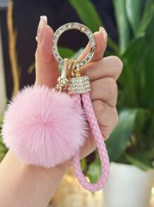 TTOBS 1pc Elegant Braided Leather Keychain With Fluffy Pompom Charm - Durable, Stylish & Versatile Women Key Holder - Multiple Colors, Perfect Car Owner Accessory, Fashionable Gift Idea