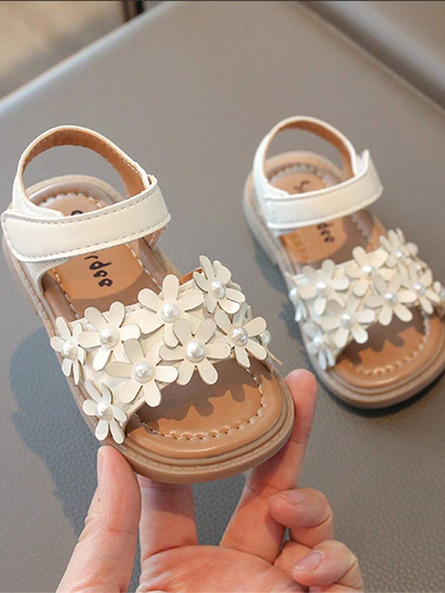 1 Pair Children Pearl Flower Hook And Loop Soft Bottom Lightweight Non-Slip Sandals, Very Comfortable To Wear, Suitable For Summer Beach