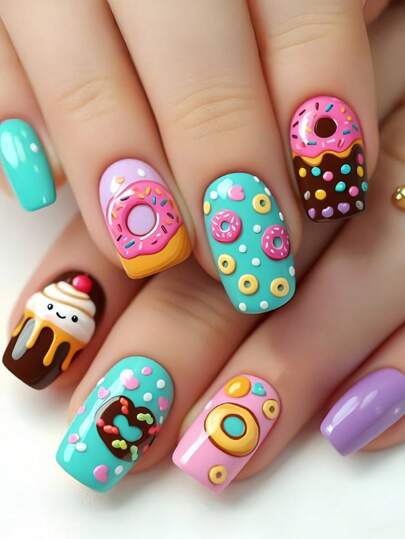 Medium Length Square Nail Stickers, New Year Collection Nail Stickers For Spring/Summer, Removable 24Pcs Fake Nails, Nail Wraps, Press-On Nails, Multicolored Nail Stickers, Cream Frosted Donut Pattern Nail Stickers Nail Supplies Nails