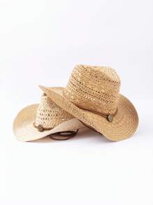 1pc Solid Color Boho Laser Cutout Rhinestone Decor UV Protection Western Cowboy Woven Straw Hat, Panama Straw Brimmed Hat, Unisex Fashion Casual Commuter, For All Seasons