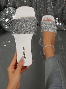 Plus Size Rhinestone Embellished Casual Flat Sandals, Square Toe Beach Sandals For Women - White - View 5