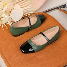 French Style Flat Mary Jane Shoes, Square Toe, Suited For Evenings, Spring Season - Dark Green - View 5