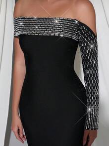 Modphy New Sexy Regular Shoulder One Shoulder Long Sleeve Heavily Embellished Luxurious Rhinestone Bodycon Maxi Bandage Dress, Elegant For Wedding, Holiday, Birthday Party, Christmas, Women's Formal Evening Gown