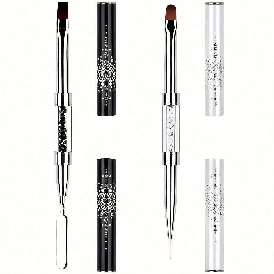 2Pcs Dual-Ended Nail Art Design Brushes With Rhinestone Handle - UV Gel Nail Art Tools Set