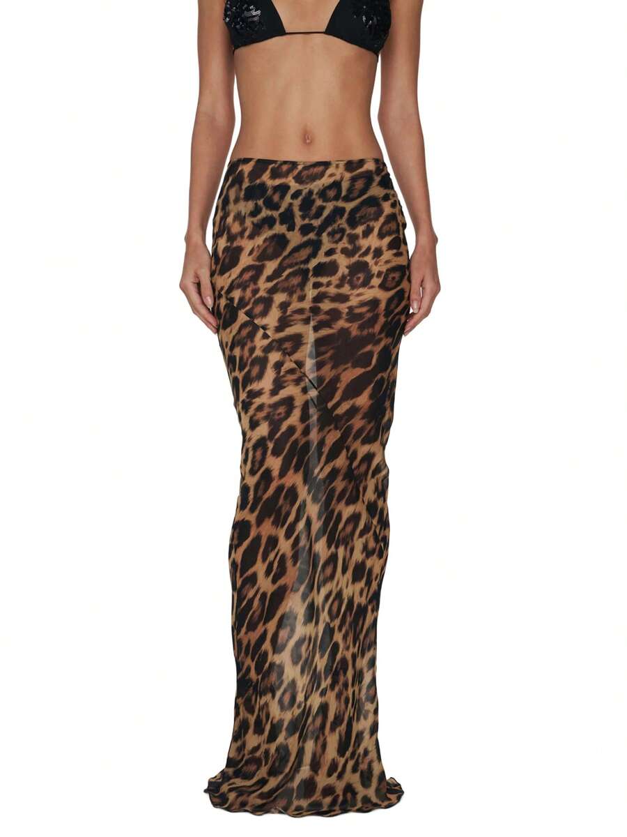 Women Y2k Leopard Print Maxi Skirt Mesh See Through Floor Length Bodycon Skirt Casual Low Rise Elegant Fishtail Long Skirt Beach Pencil Skirt Club Streetwear Vintage Aesthetic Clothes - 咖啡棕 - 查看 1