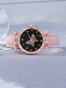 5pcs/Set Casual Fashionable Pink Butterfly Shell Design Children's Quartz Watch With Butterfly Bracelet, Necklace And Earring Set, Best Gift Choice