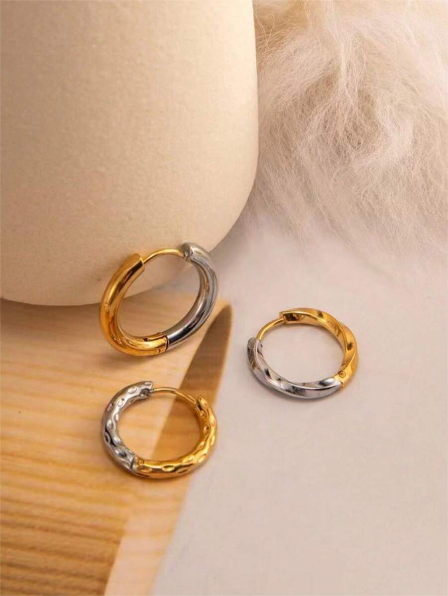 Set de 3 pares de pendientes de aro bicolor ligeros estilo Ins, pendientes de acero inoxidable de lujo para mujeres, adecuados para uso diario