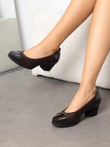 Women's  Chunky Low Block Pumps Closed Toe Shoes Comfortable Elegant Work Office Heels Round Toe Dress Shoes - 棕色 - 查看 3