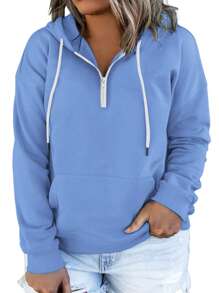 Plus-Size-Hoodies For Women Quarter Zip-Up Hooded Sweatshirts Lightweight Long Sleeve Pullover Tops With Pocket