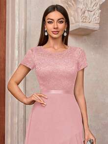 MIUSOL Contrast Floral Lace Chiffon Insert Ruffle Trim Cocktail Party A-Line Dress - Pink - View 7