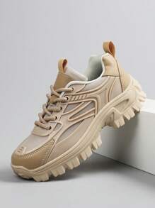 Men's Round Toe Lace-Up Men Sports Shoes For Men, Colorblock Letter Lightweight Breathable Chunky Men Sneakers ,Slip-Resistant Wear-Resistant Sports Outdoor Running Shoes Casual Men Shoes - Khaki - View 1