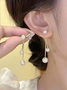 1 对法式珍珠和流苏吊坠耳环，优雅高端精致优质女士耳环，新品 - 金色 - 查看 2