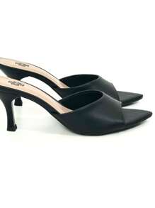 Tamanco Feminino Bico Folha Liso Preto Moda Sandália Mulher Salto Médio