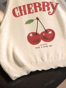 Nouveau Top pour femmes à col rond blanc avec motif imprimé de cerises pour le printemps et l'été. Simple et élégant, convient pour le travail. Top d'été pour femmes