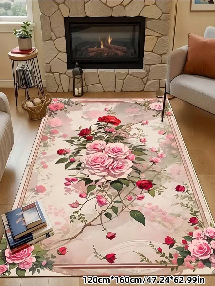 1 pieza Alfombra de piso bohemia vintage de lujo con flores rosas, antideslizante y lavable a máquina, perfecta para sala de estar, dormitorio, pasillo - Diseño elegante de patio con flores vibrantes y patrones barrocos, alfombra de piso para interiores|Alfombra de piso con patrón floral|Respaldo antideslizante, alfombra para sala de estar - Rosa vieja - Ver 1