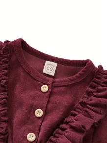 Vestido para niña, cintura alta, midi, manga larga, cuello redondo, botones con volantes, falda plisada estilo princesa con diadema - Burdeos - Ver 7