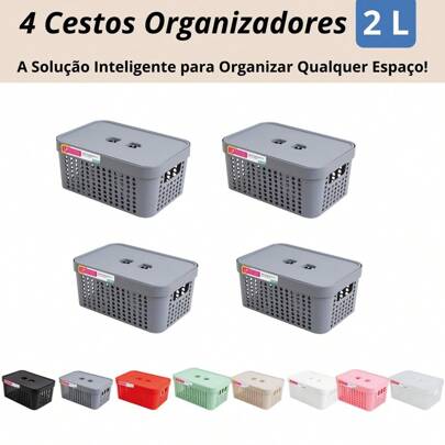 Kit 4 Cestos Organizadores c/Tampa Rattan 2 litros Multiuso Ideal para armário e gavetas LP HOUSE