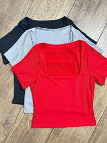 Square Suplex Cropped With Lining Casual Women's Kit With 3 - Negro/Gris/Rojo - Ver 1