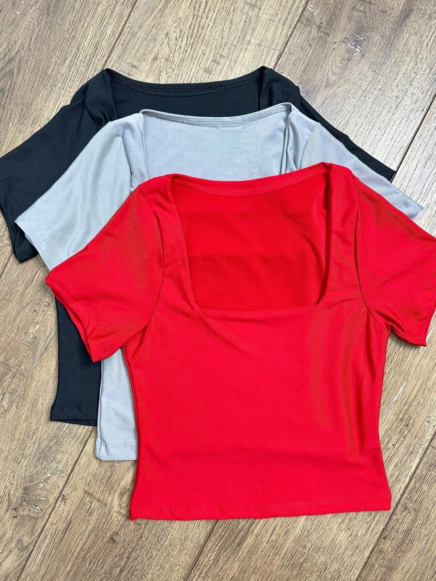 Square Suplex Cropped With Lining Casual Women's Kit With 3 - Negro/Gris/Rojo - Ver 1