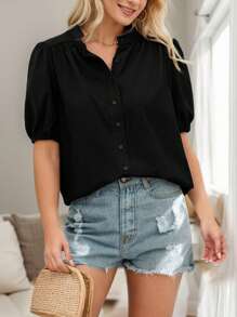 SANOPY Womens Blouses,Blouses For Women Dressy Casual,Blouses For Women Business Casual,Work Blouses For Women,Women's Summer Button-Down Short Sleeve V-Neck Cotton Top - 黑色 - 查看 6