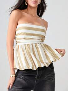 Women's Strapless Peplum Tops Stripe Print Ruched Backless Cropped Bubble Bandeau - Khaki - View 5