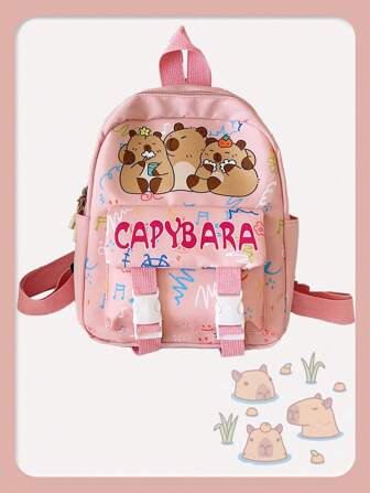 1 件大容量可爱水豚图案书包。活泼的学生包，带多个口袋。时尚书包。实用手提包。个性化轻便学校背包。便携式背包，带多个隔层