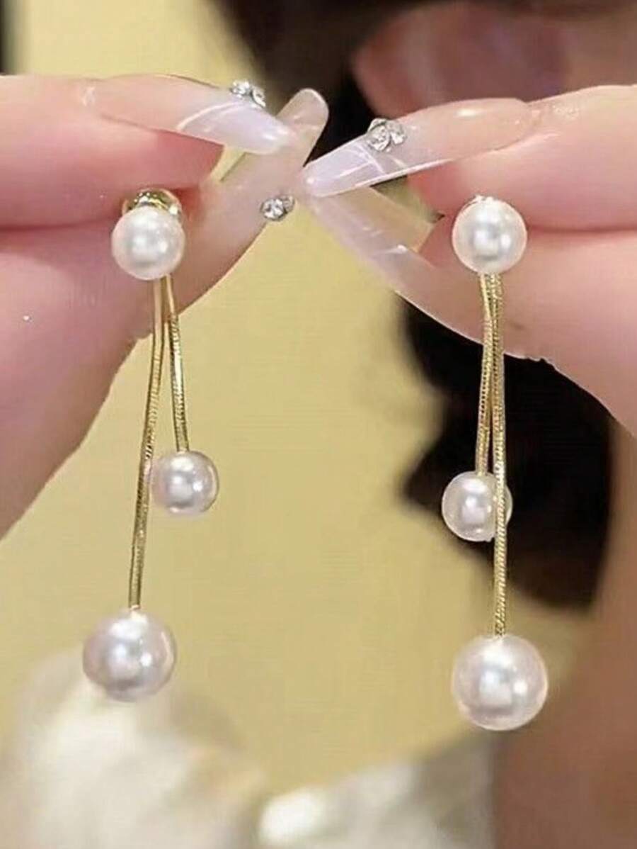 1 对法式珍珠和流苏吊坠耳环，优雅高端精致优质女士耳环，新品 - 金色 - 查看 1