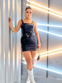 Short Leather Dress With Buckle Belt (0031) - Black - View 2