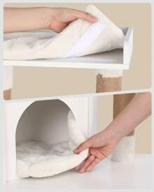 Hzuaneri Maison de Toilette Chat, Maison Moderne 4-en-1 pour Chats avec Grande Plateforme, Abri pour Chat avec Tapis De Grattage, Poteaux, Escaliers Et Pompon, Coussins Lavables