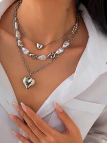 3 pièces/set Collier asymétrique avec perles vintage, collier pendentif élégant minimaliste en forme de cœur géométrique pour femmes, polyvalent pour les soirées et le porter casual