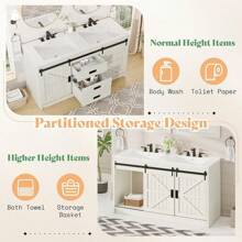 61" Farmhouse Double Bathroom Vanity With Dual Sinks - Storage Cabinet With Sliding Barn Doors & Drawers, Large Vanity Sink Combo Set - White - View 4