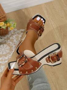Platform Studded Sandals, Fashion Comfortable Versatile Summer High Heel Sandals For Women, Size 42 - Khaki - View 2